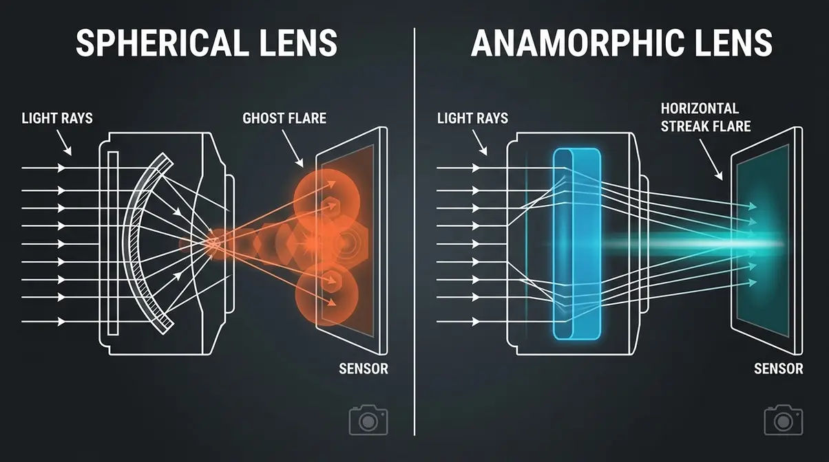 Ray diagram comparing spherical lens flare round ghosts versus anamorphic lens horizontal streak flare