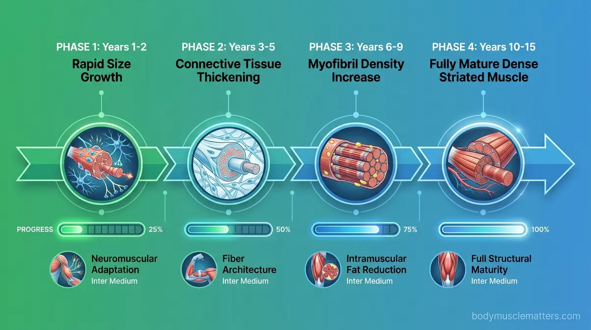 Timeline infographic showing physiological changes of muscle maturity across training years one through fifteen