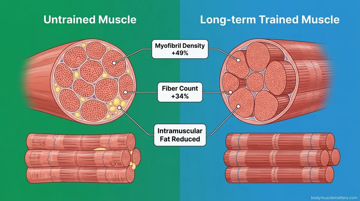 Scientific diagram showing muscle fiber architecture changes from untrained to mature trained muscle cross-section