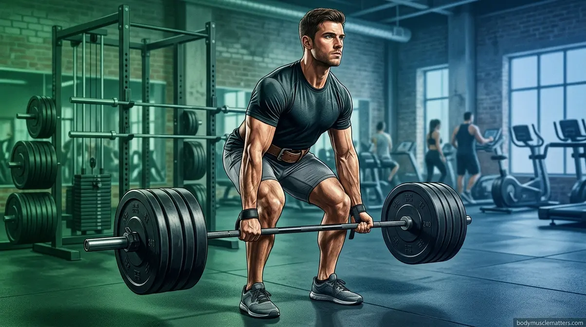 Lifter performing heavy compound barbell lift demonstrating progressive overload for muscle maturity development