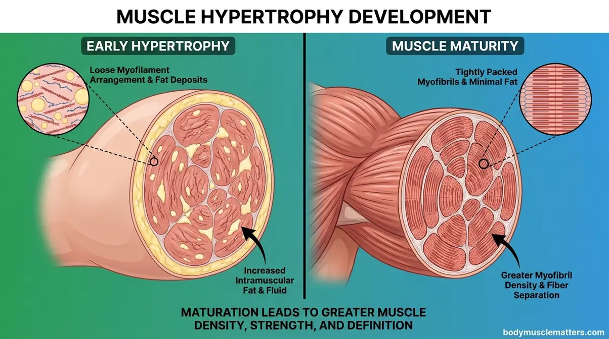 Infographic comparing puffy early hypertrophy muscle versus dense striated mature muscle cross-section