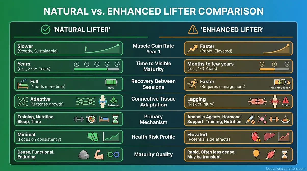 Comparison infographic showing natural versus enhanced lifter muscle maturity timelines and key physiological differences