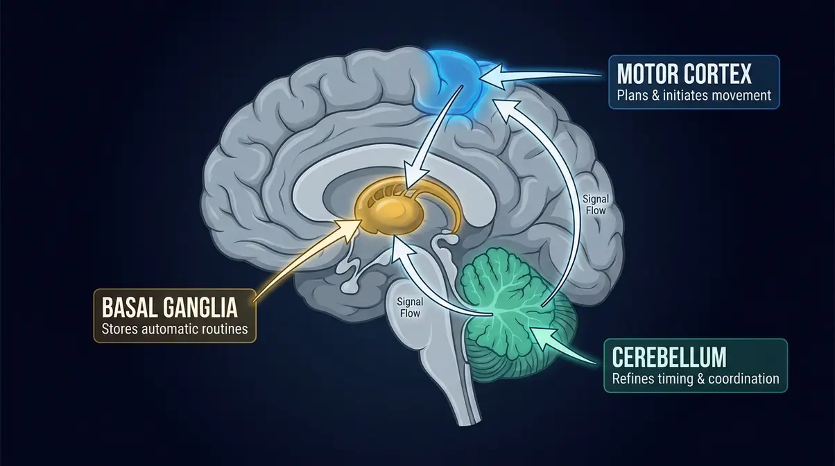 Diagram showing motor cortex cerebellum and basal ganglia brain regions involved in muscle memory and procedural skill learning