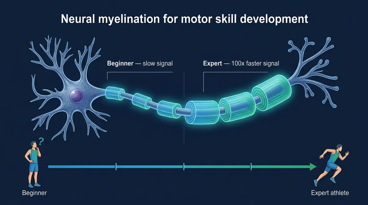 Neural myelination diagram showing how brain builds faster motor skill pathways through repetitive practice
