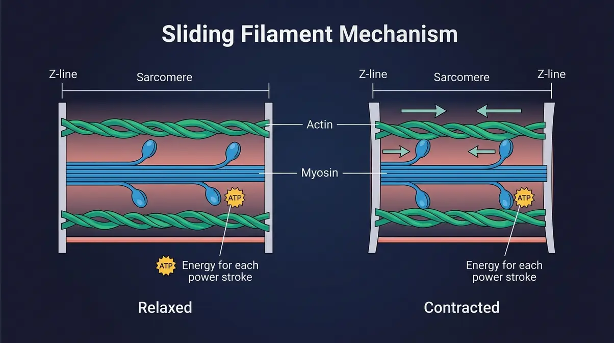 Sliding filament theory diagram showing actin and myosin interaction inside a sarcomere during muscle contraction