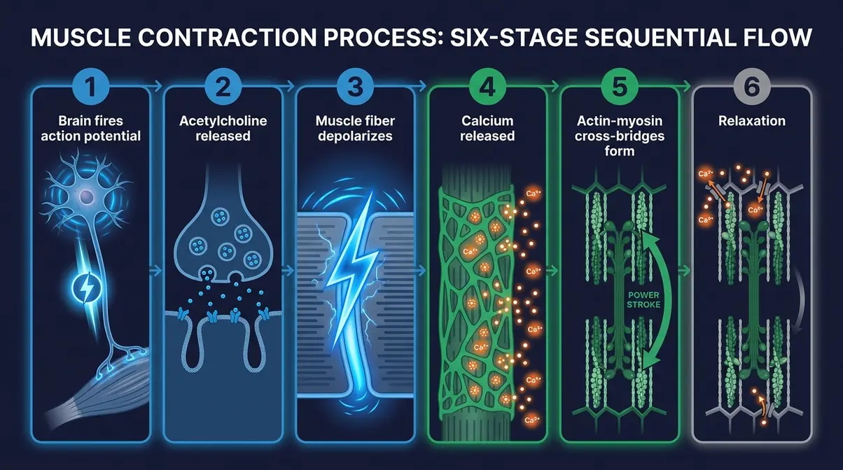 Step-by-step diagram of muscle contraction showing neuromuscular junction acetylcholine release actin-myosin cross-bridge cycling and ATP hydrolysis