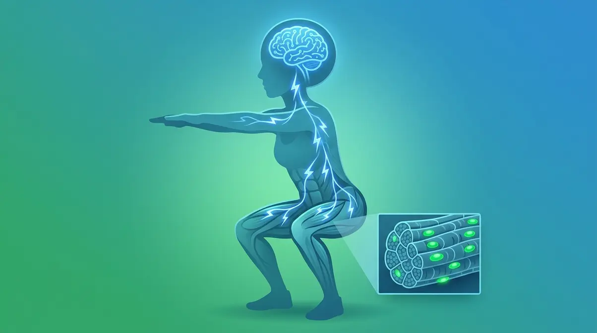 Muscle memory definition showing brain neural connection and muscle fiber myonuclei in athletic silhouette