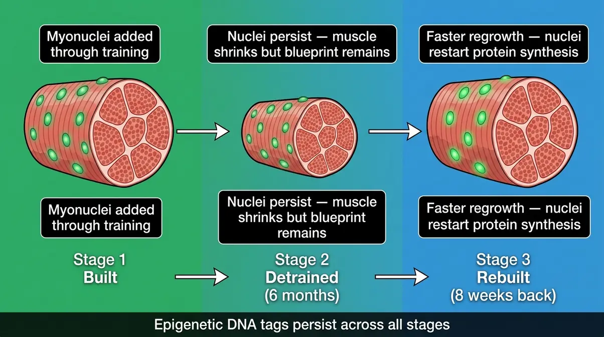 Muscle size and strength memory timeline showing myonuclei persistence through training detraining and regrowth phases