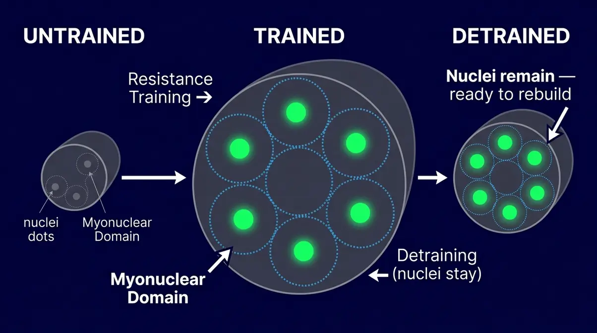 Diagram of muscle fiber cross-section showing myonuclei distribution and myonuclear domain zones after training versus detraining