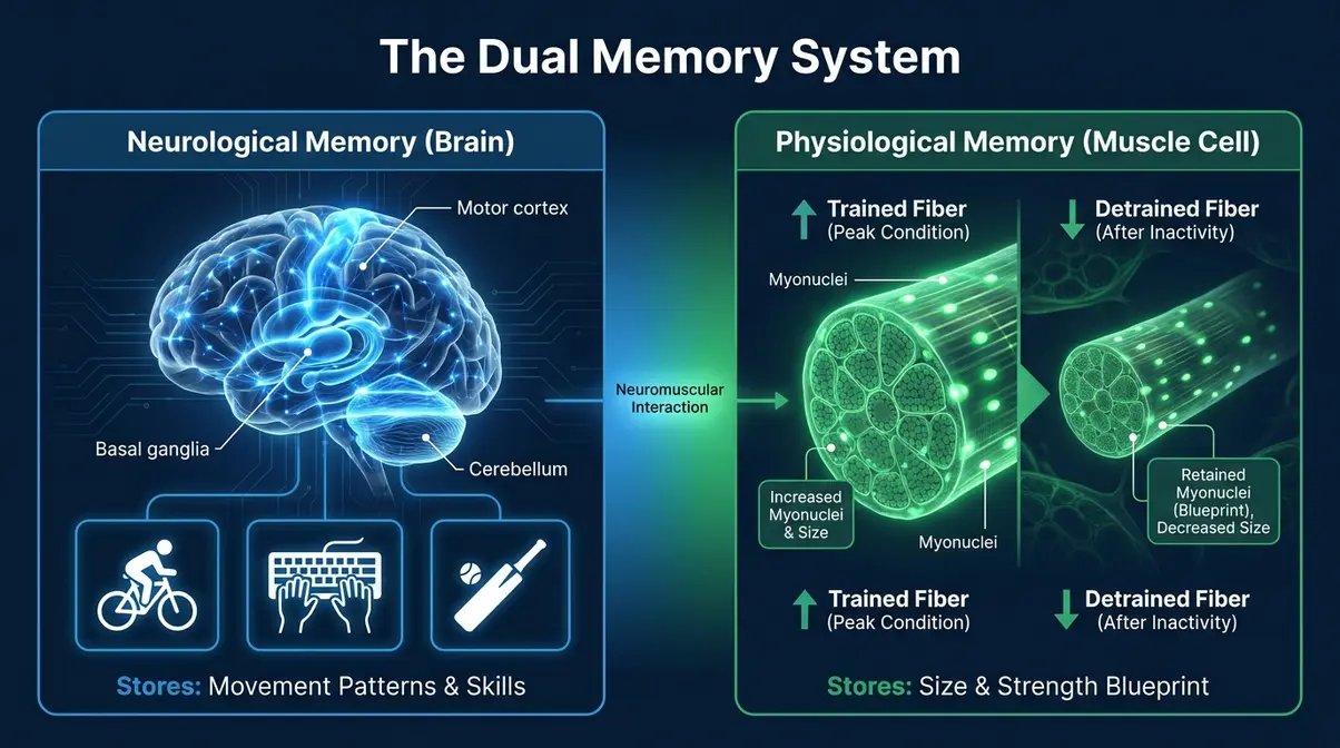 Infographic comparing neurological muscle memory in the brain versus physiological muscle memory in muscle cells showing the dual memory system