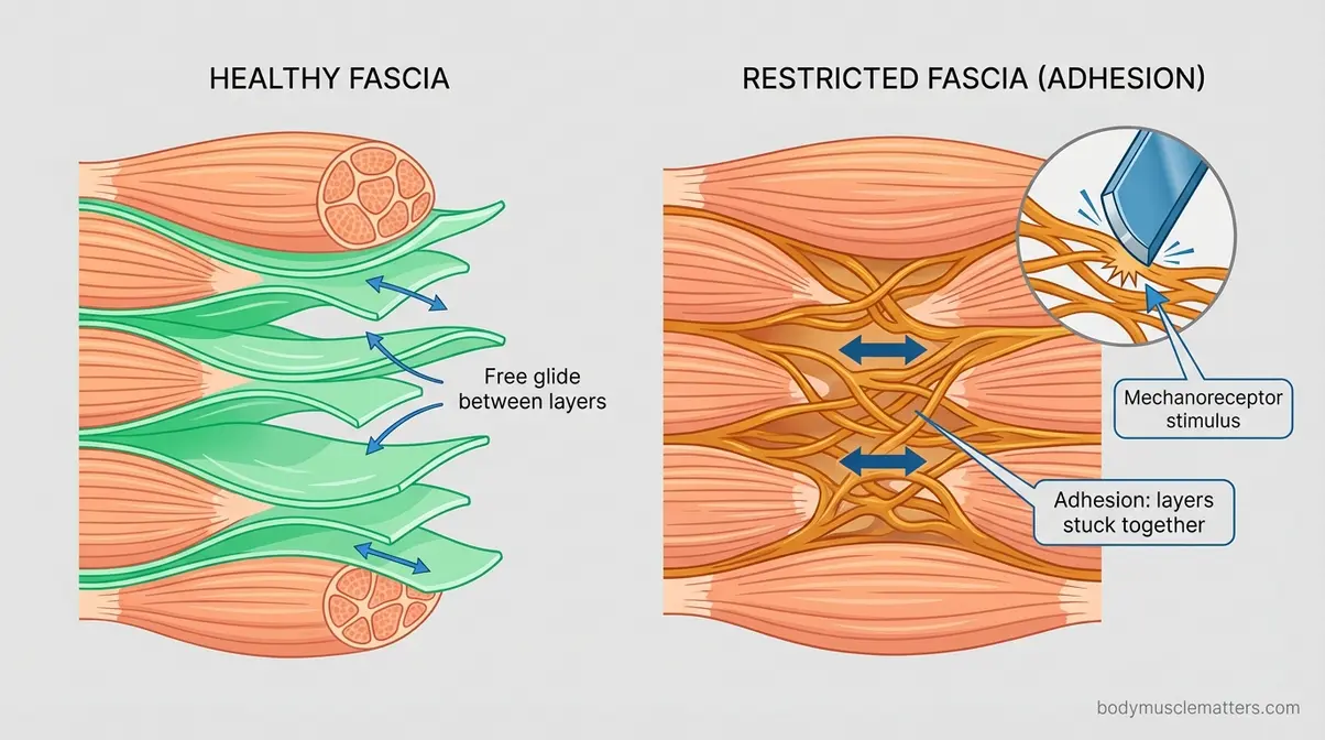 Anatomical cross-section diagram showing healthy sliding fascia layers versus restricted fascial adhesions targeted by muscle scraping