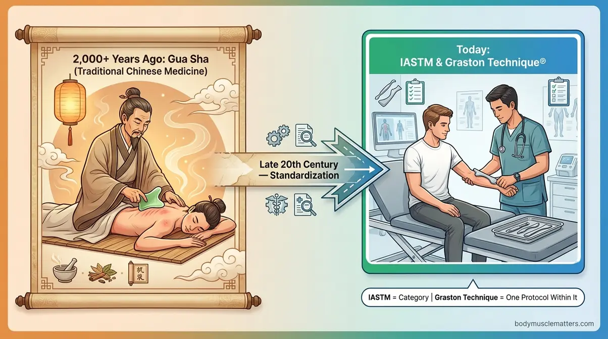 Historical timeline showing evolution of muscle scraping therapy from ancient Gua Sha to modern IASTM Graston Technique