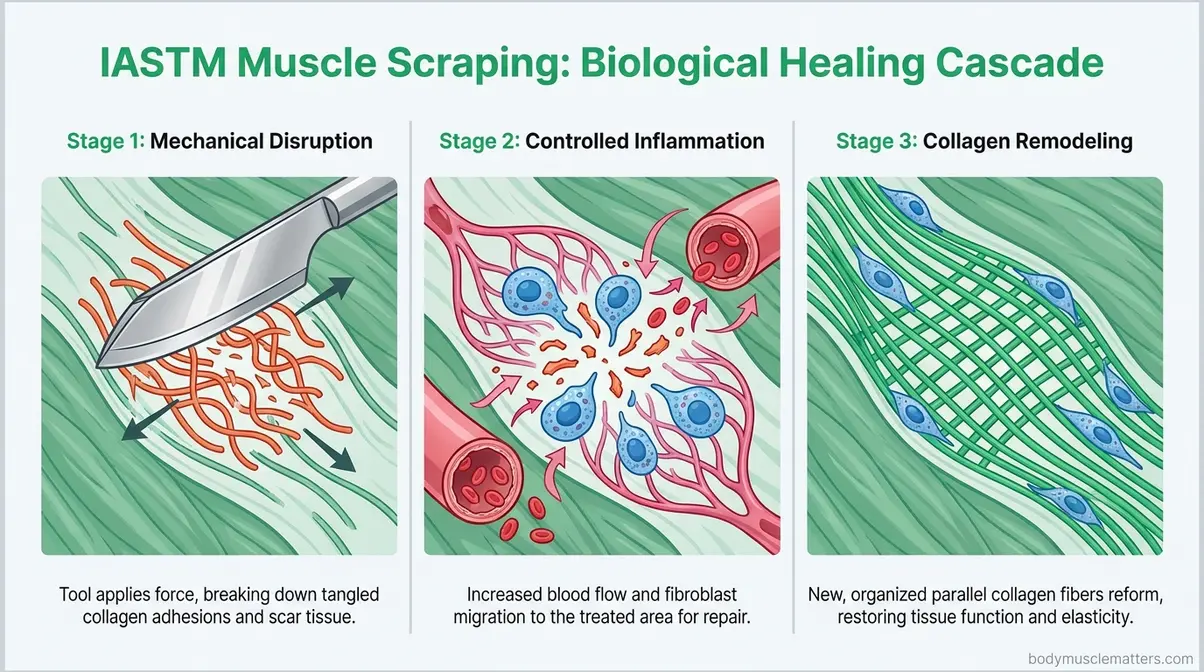Three-stage IASTM biological mechanism infographic showing shear force, fibroblast activation, and collagen remodeling process