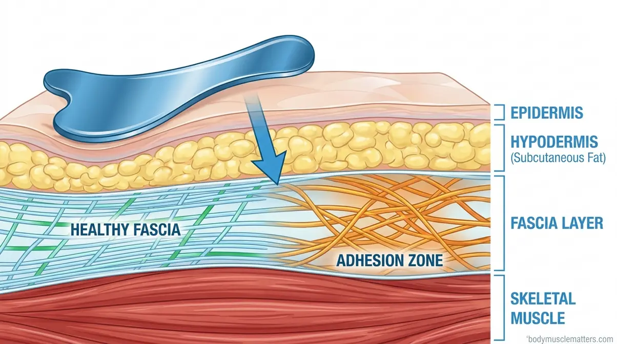 Anatomical diagram showing skin, fascia, and muscle layers with IASTM tool contact point and adhesion zones labeled
