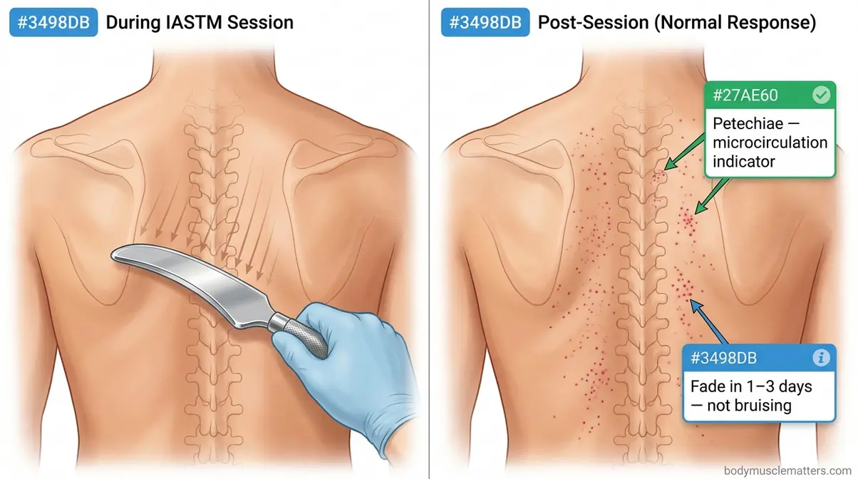Petechiae marks after muscle scraping IASTM session on upper back showing normal microcirculation skin response