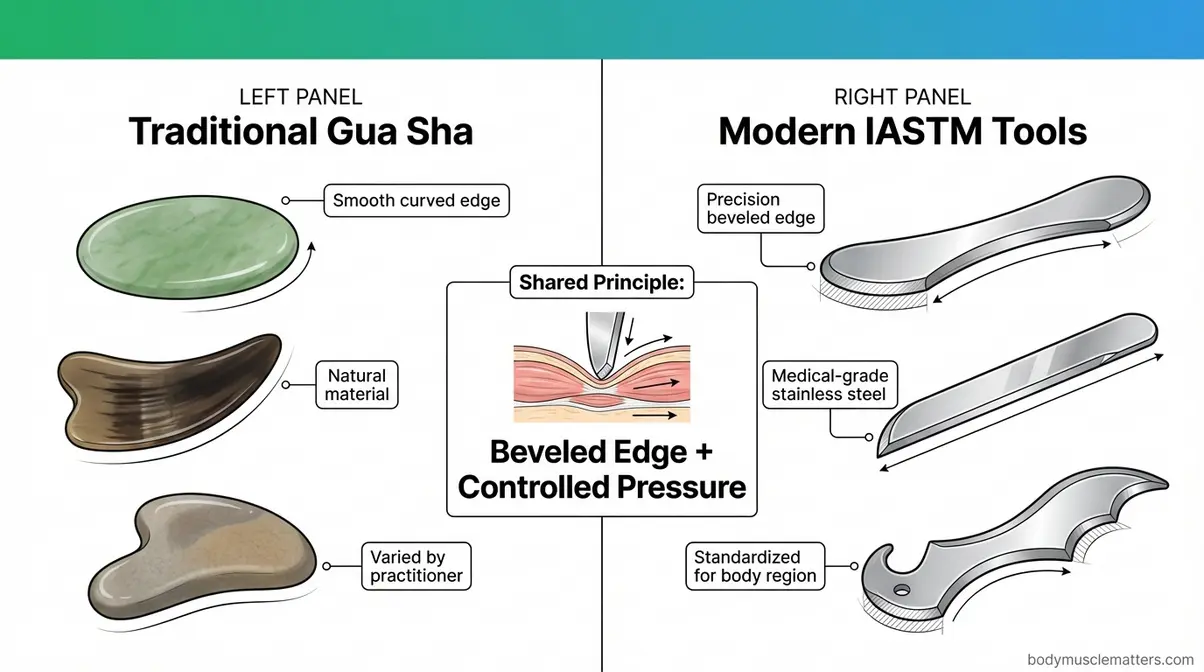 Comparison diagram of traditional Gua Sha implements and modern stainless steel IASTM muscle scraping tools showing beveled edges