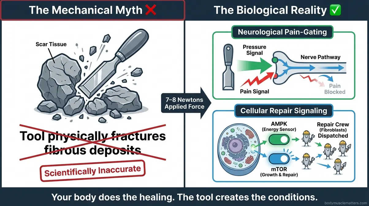 Infographic contrasting the mechanical scar tissue myth with the real neurological pain-gating and cellular repair pathways of muscle scraping