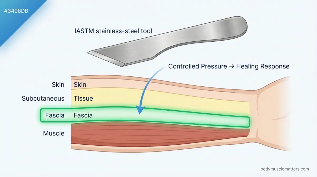 Educational diagram of a muscle scraping IASTM tool applying controlled pressure to fascia and soft tissue layers