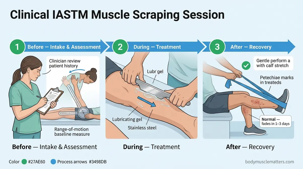 Three-step muscle scraping IASTM session walkthrough showing intake, treatment, and post-session recovery stages