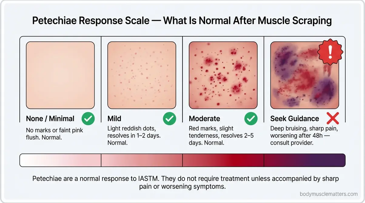 Petechiae response scale guide showing mild to moderate skin markings after muscle scraping therapy with severity color indicators