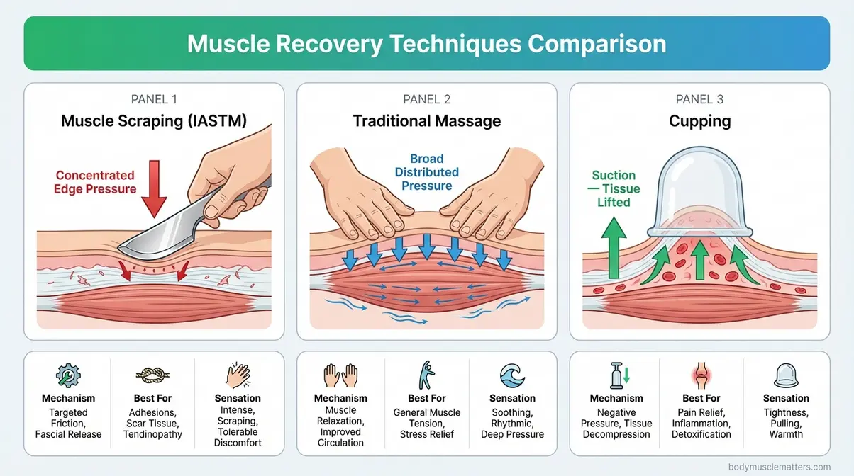 Three-panel comparison illustration showing muscle scraping IASTM versus traditional massage versus cupping therapy mechanisms