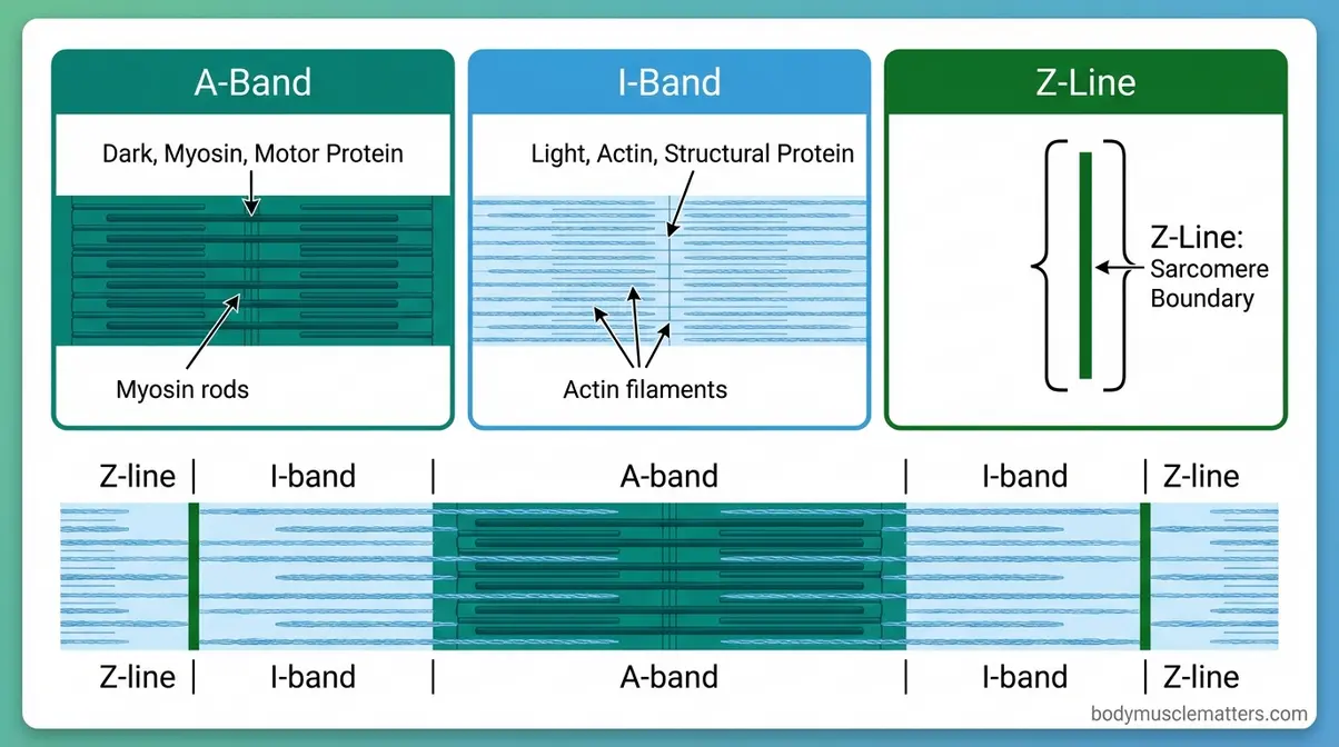Illustration of A-band dark myosin regions, I-band light actin regions, and Z-line boundaries forming the banding pattern inside a muscle sarcomere