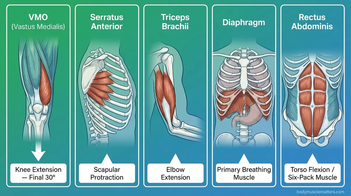 Five-panel reference card showing key striated skeletal muscles including VMO serratus anterior triceps diaphragm and rectus abdominis with their primary actions