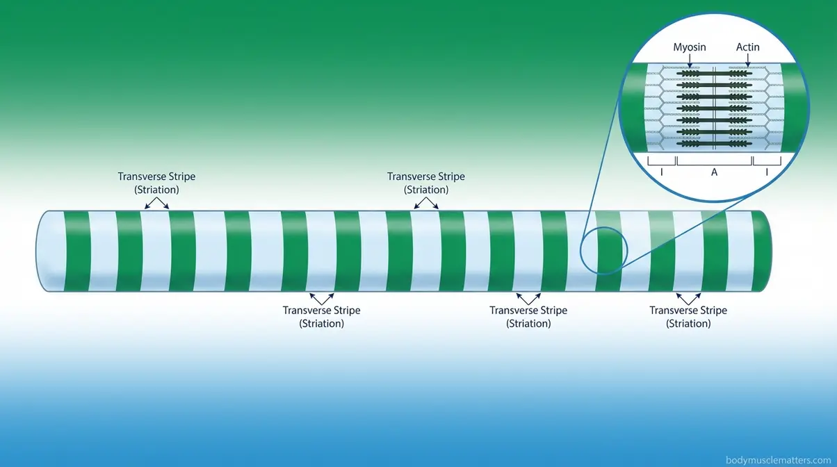 Skeletal muscle fiber illustration showing transverse striped pattern of alternating dark and light bands perpendicular to fiber length
