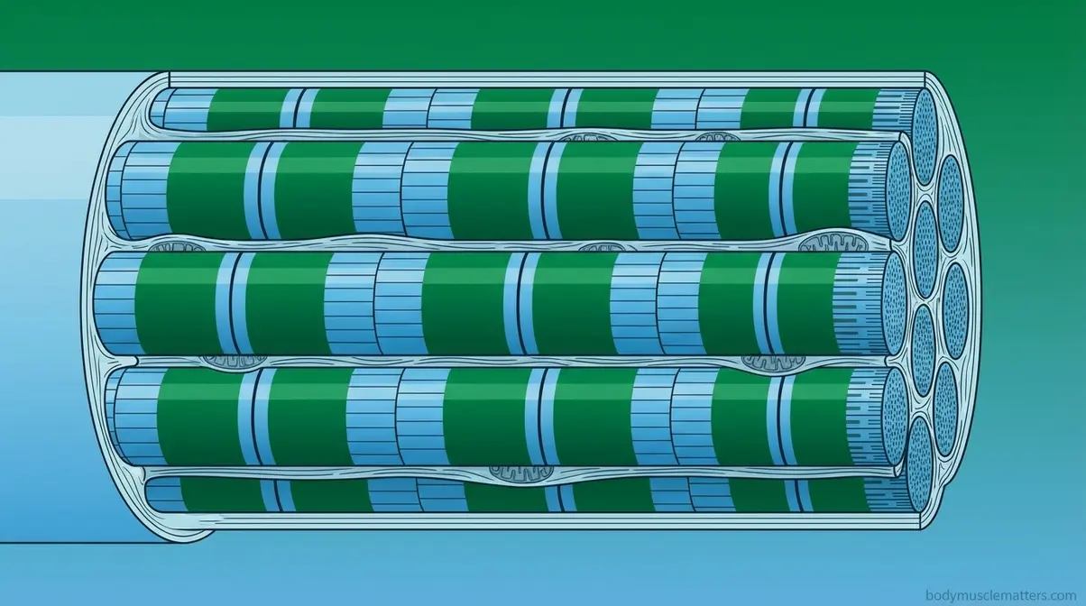 Cross-section of skeletal muscle fibers showing the alternating dark and light banding pattern that defines muscle striation