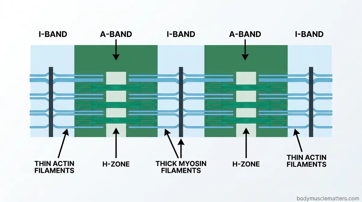 Labeled sarcomere diagram showing actin, myosin, A-band, I-band, and Z-line structures in striated muscle