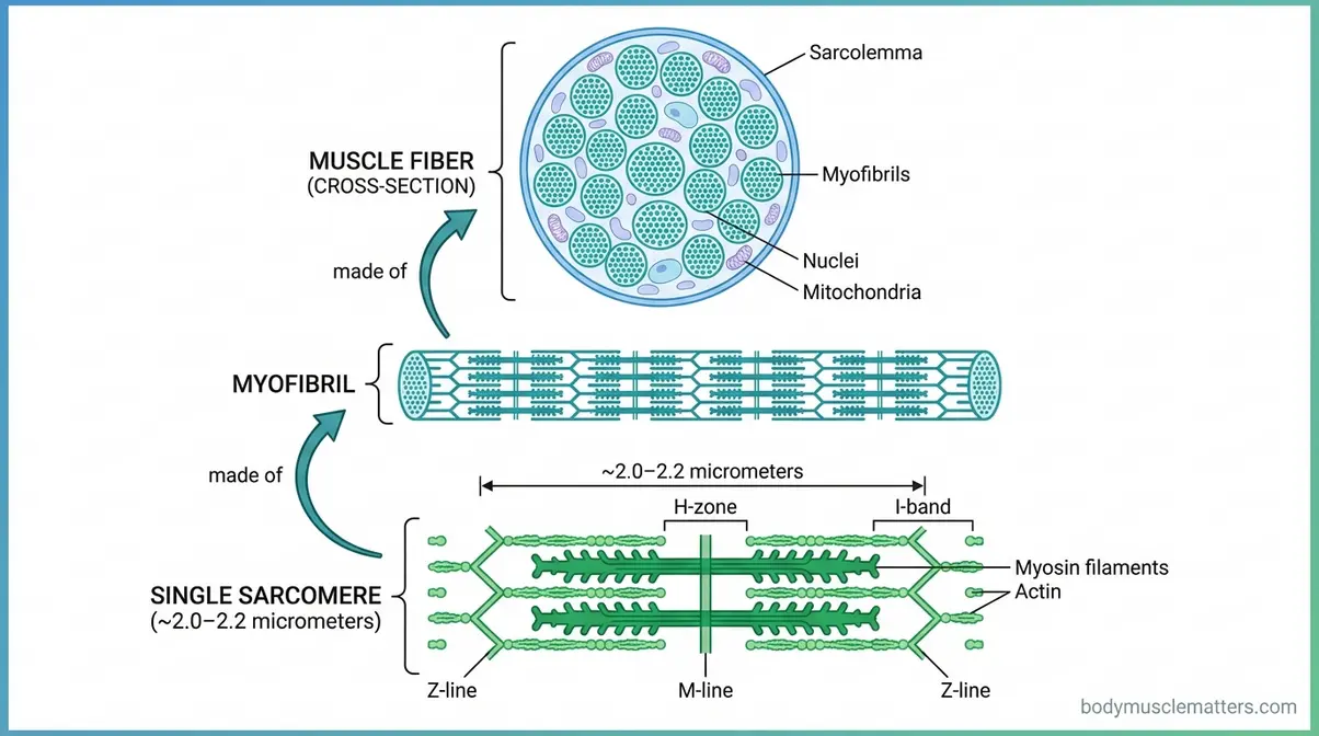Three-level zoom diagram showing sarcomeres linking into myofibrils and bundling into muscle fibers as the basic structural unit of striated muscle