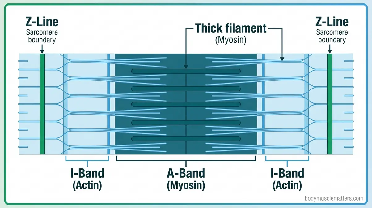 Labeled sarcomere diagram showing dark A-bands myosin regions, light I-bands actin regions, and Z-line boundaries for muscle striation