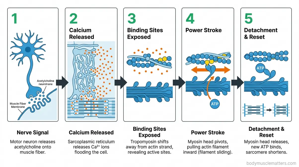 Step-by-step diagram of sliding filament theory showing actin and myosin filaments contracting in striated muscle