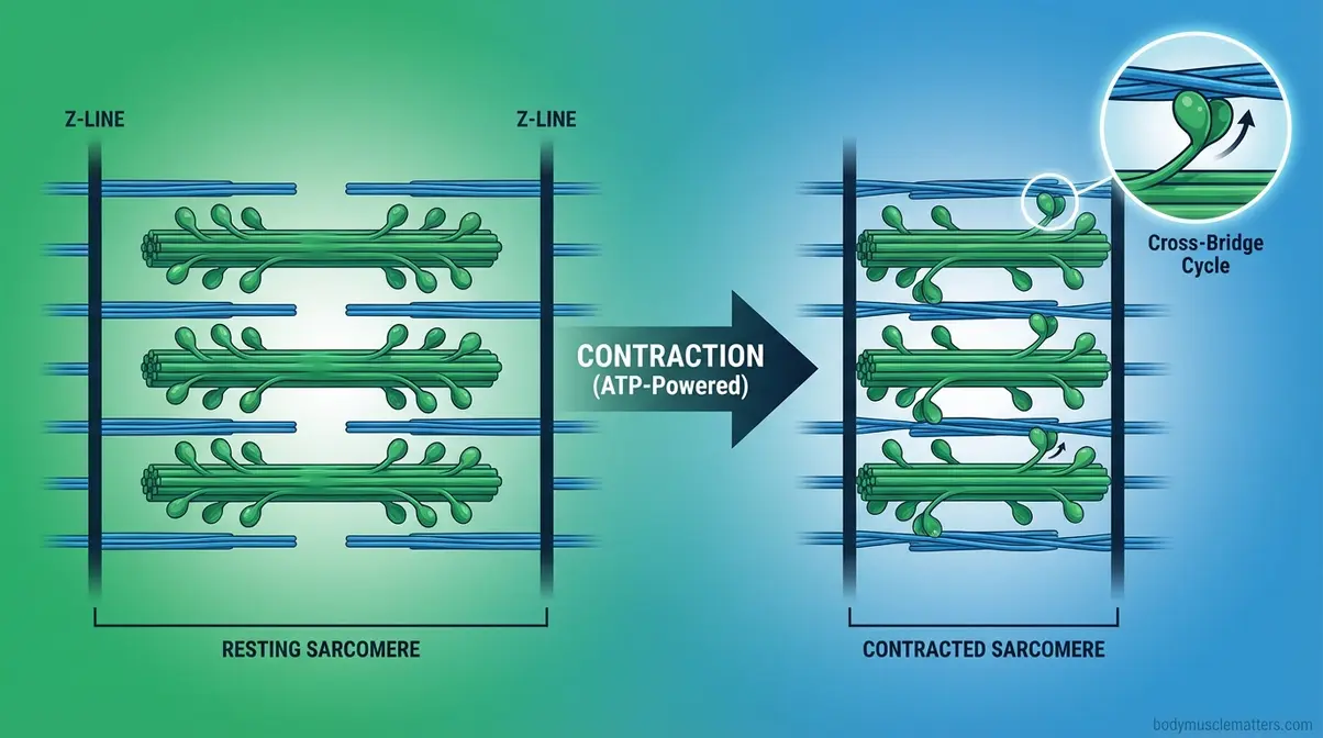 Scientific illustration of striated muscle contraction showing myosin cross-bridges pulling actin filaments to shorten the sarcomere