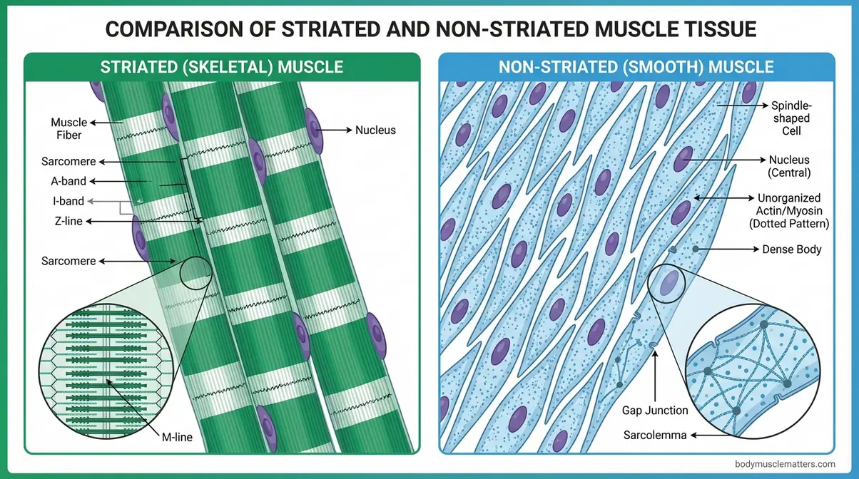 Microscopic comparison showing alternating bands of striated skeletal muscle versus smooth muscle with no striation pattern