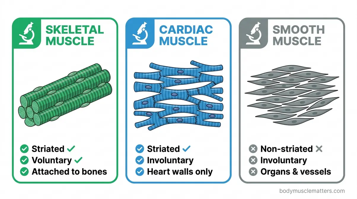 Infographic comparing skeletal striated muscle, cardiac striated muscle, and smooth non-striated muscle tissue types