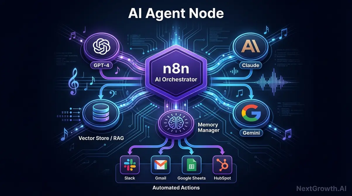 n8n AI orchestration diagram showing the AI agent node connecting OpenAI Claude Gemini and memory manager