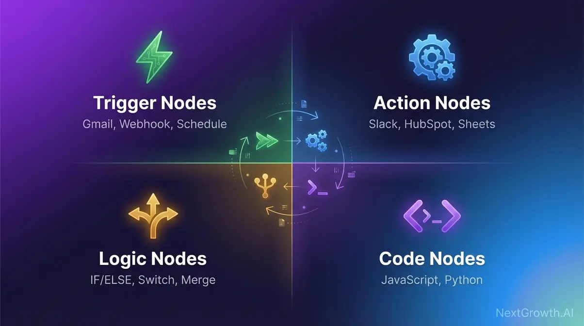 n8n node types and workflow components showing triggers actions logic and code nodes