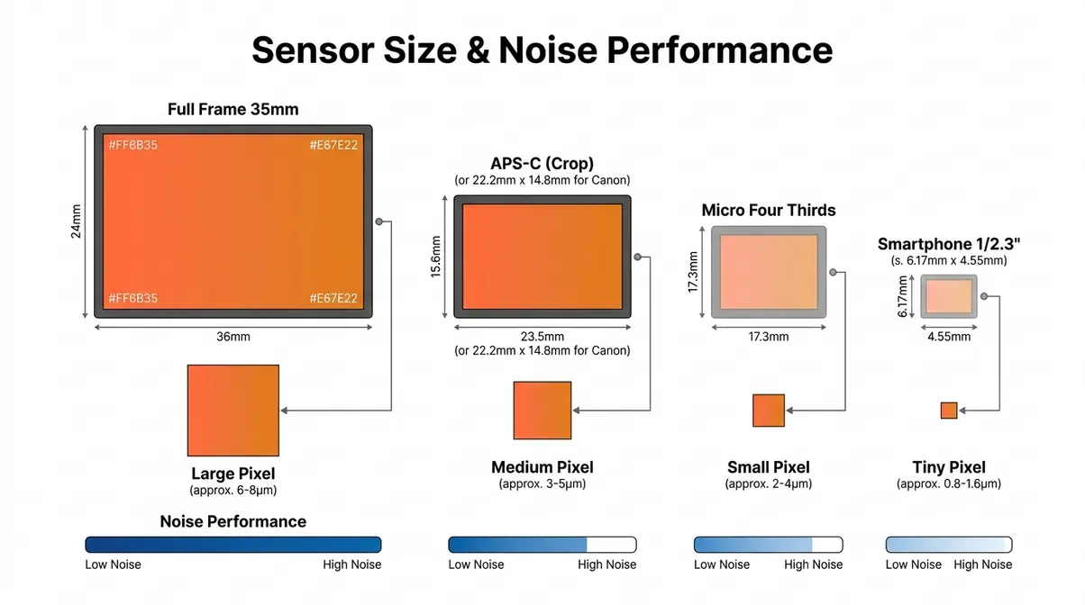 Camera sensor size comparison diagram full frame vs APS-C vs Micro Four Thirds vs smartphone noise performance