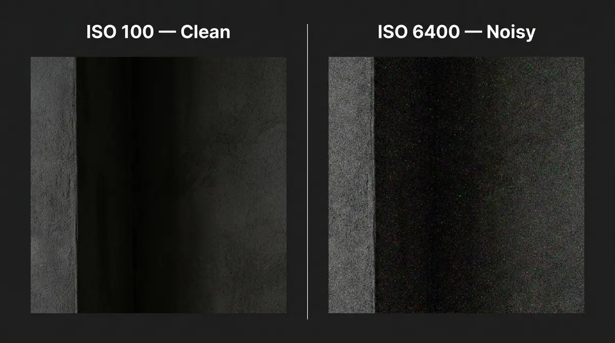 What is noise in photography example showing clean ISO 100 versus noisy ISO 6400 image comparison