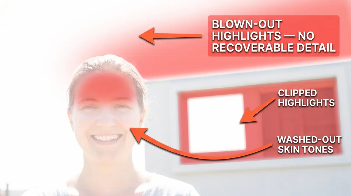 Annotated overexposed photo highlighting blown-out highlights and washed-out colors from overexposure