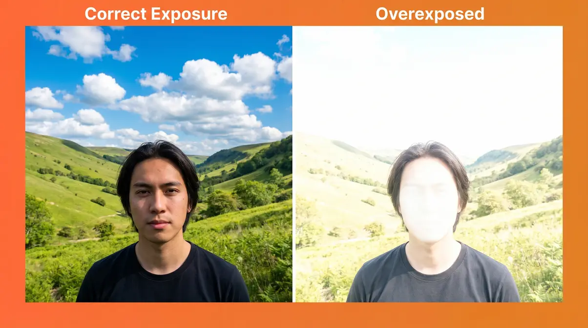 Side-by-side comparison showing overexposure in photography with blown-out white sky on right