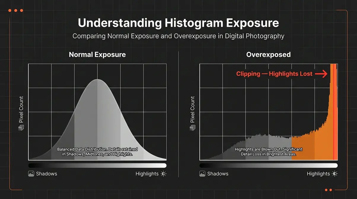 Histogram diagram comparing normal exposure to overexposed photo with data piled against right edge