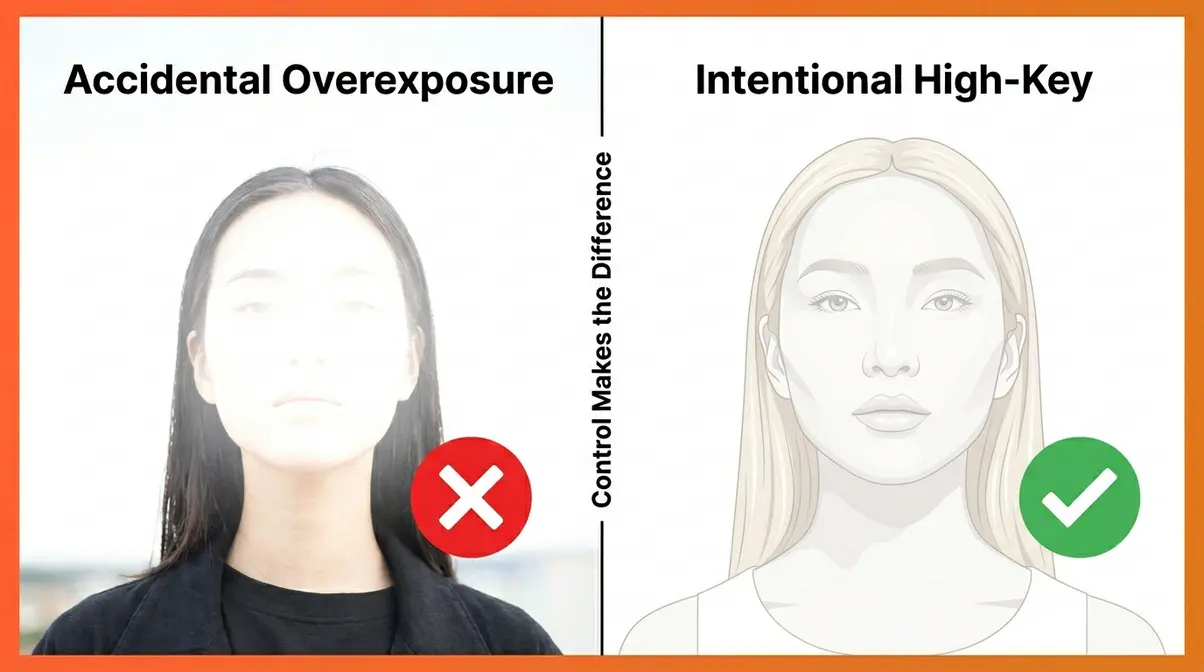 Comparison of accidental overexposure versus intentional high-key photography showing creative control