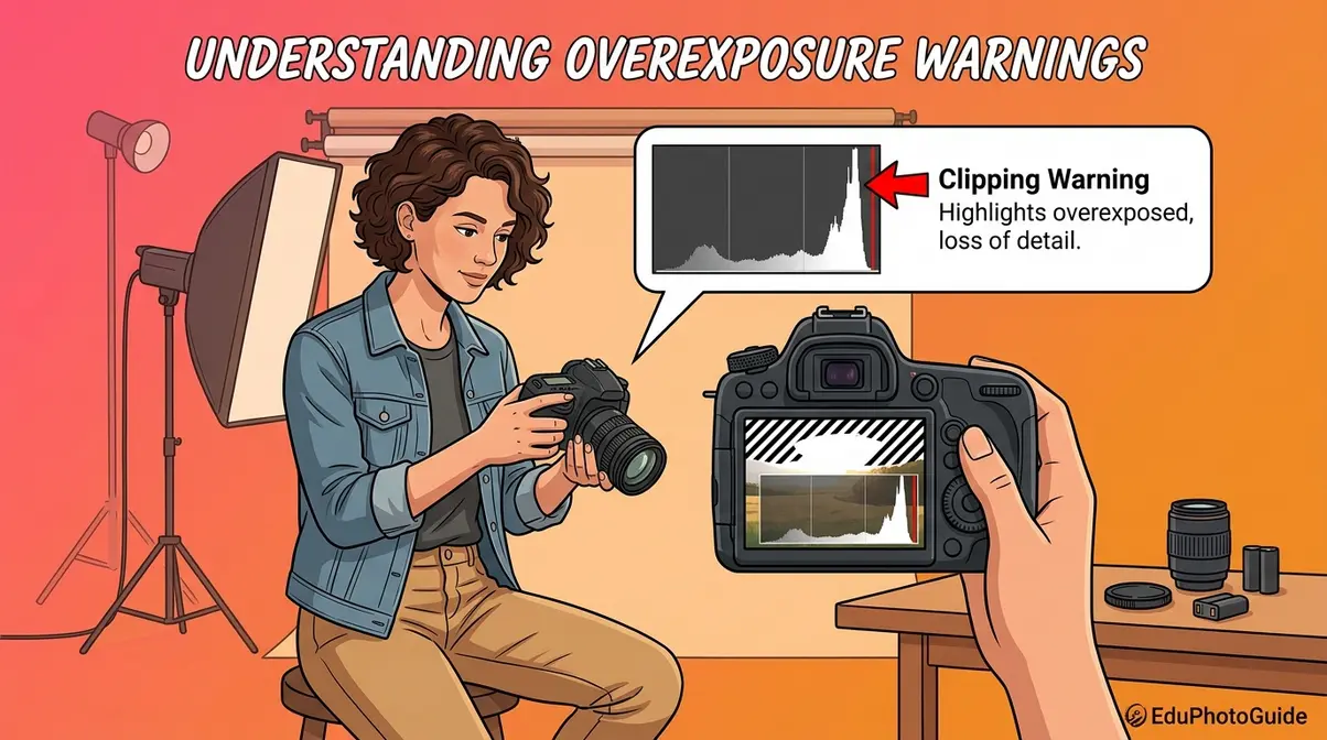 Photographer reviewing overexposed photo on camera LCD screen showing histogram clipping warning