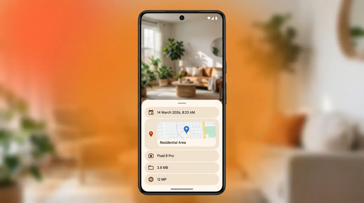 Screenshot of Android 14 Google Photos details view showing photo metadata with GPS location and device information