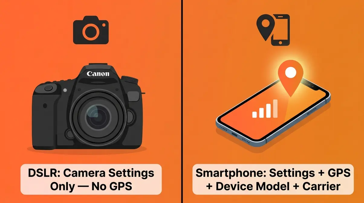 Comparison showing DSLR camera records settings only while smartphones automatically embed GPS location metadata in every photo