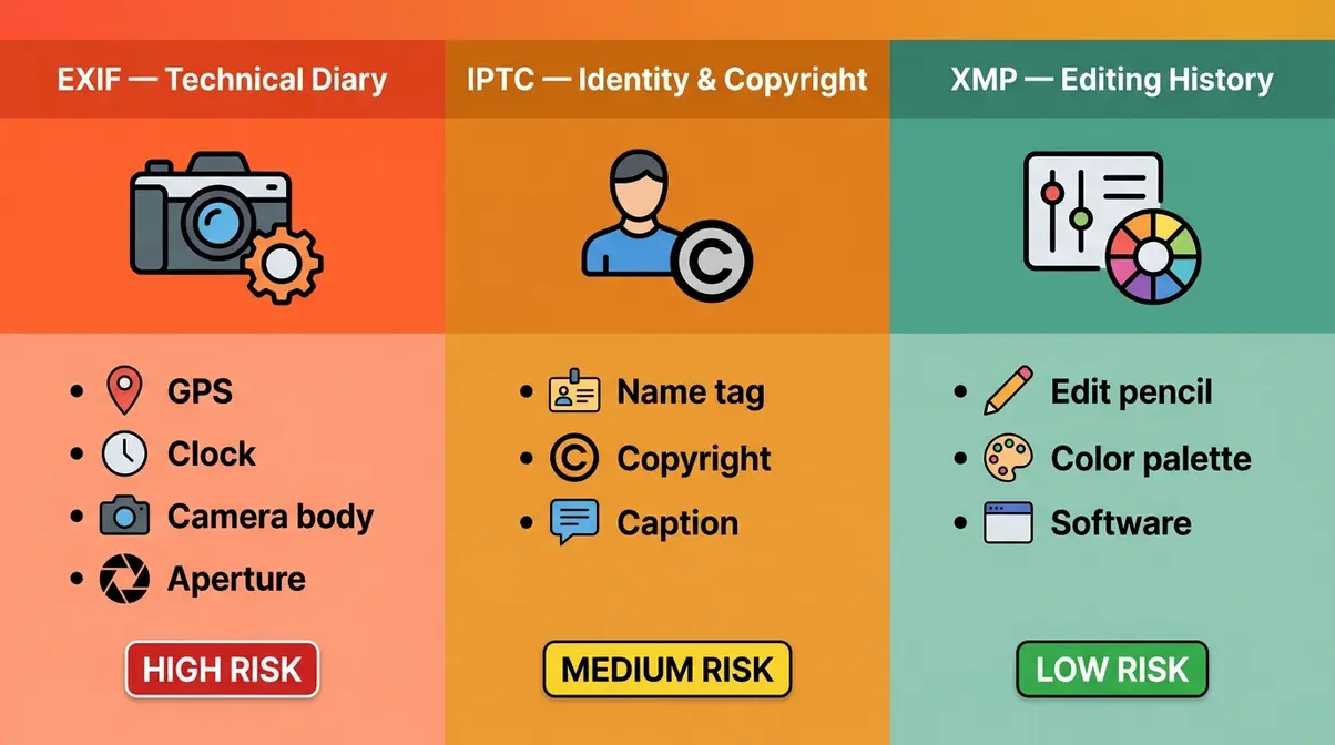 Three types of photo metadata illustrated — EXIF technical data, IPTC identity data, and XMP editing history with risk levels