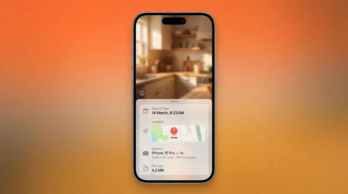 Screenshot of the iOS 17 Photos app info panel displaying photo metadata including GPS location and camera settings