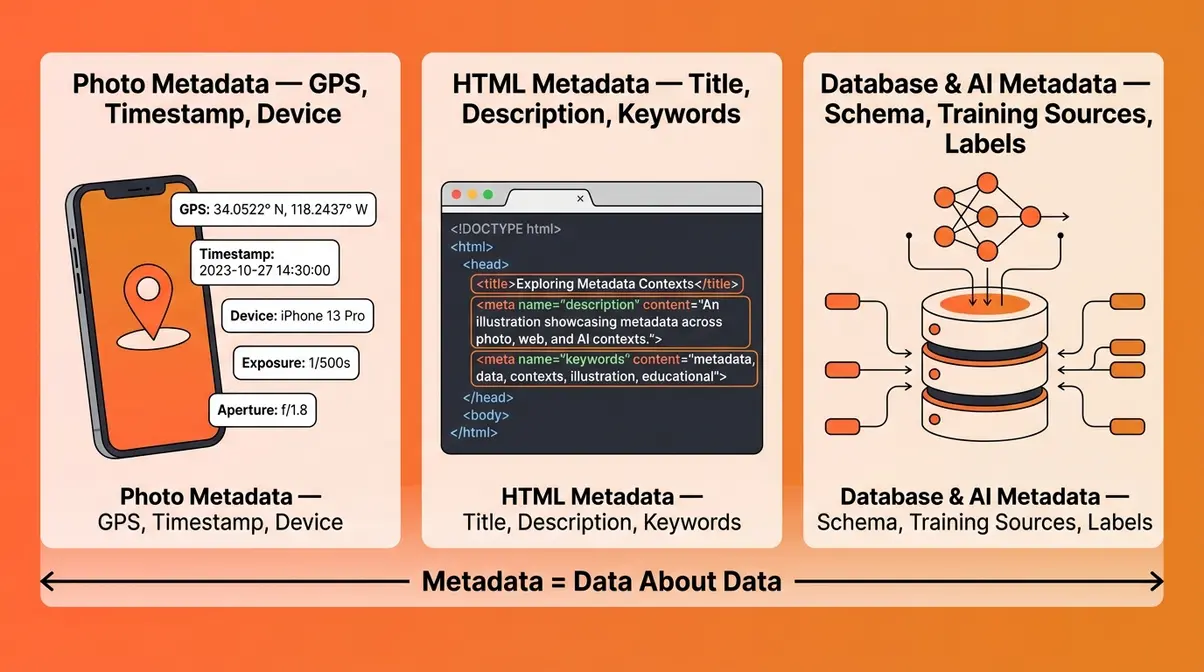 Metadata concept illustrated across three contexts — photo EXIF data, HTML web metadata, and AI database metadata